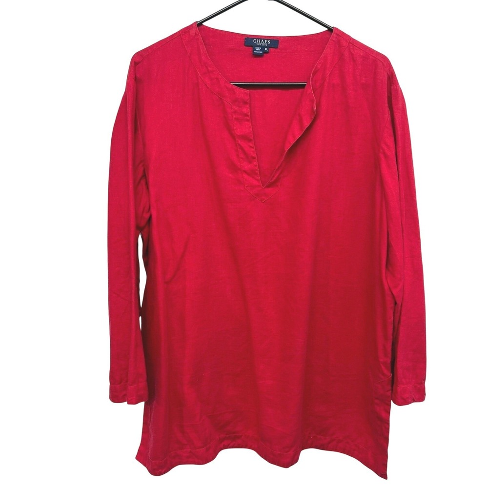 Chaps Red Linen Tunic Blouse XL V Neck Coastal Preppy‎ Quiet Luxury Effortless